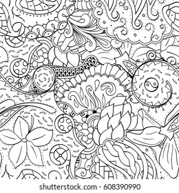 Tracery seamless pattern. Mehndi design. Ethnic monochrome binary doodle texture. Curved doodling black and white background. Vector