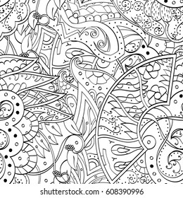 Tracery seamless pattern. Mehndi design. Ethnic monochrome binary doodle texture. Curved doodling black and white background. Vector