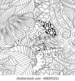 Tracery seamless pattern. Mehndi design. Ethnic monochrome binary doodle texture. Curved doodling black and white background. Vector
