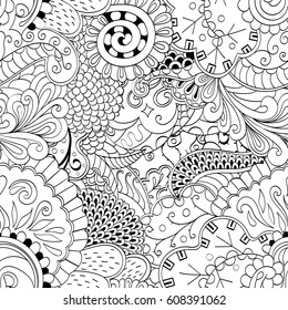 Tracery seamless pattern. Mehndi design. Ethnic monochrome binary doodle texture. Curved doodling black and white background. Vector