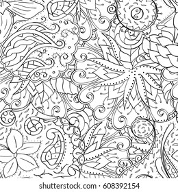 Tracery seamless pattern. Mehndi design. Ethnic monochrome binary doodle texture. Curved doodling black and white background. Vector
