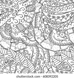 Tracery seamless pattern. Mehndi design. Ethnic monochrome binary doodle texture. Curved doodling black and white background. Vector