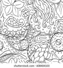 Tracery seamless pattern. Mehndi design. Ethnic monochrome binary doodle texture. Curved doodling black and white background. Vector