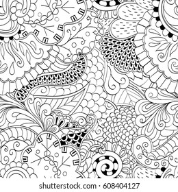 Tracery seamless pattern. Mehndi design. Ethnic monochrome binary doodle texture. Curved doodling black and white background. Vector