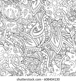 Tracery seamless pattern. Mehndi design. Ethnic monochrome binary doodle texture. Curved doodling black and white background. Vector