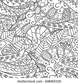 Tracery seamless pattern. Mehndi design. Ethnic monochrome binary doodle texture. Curved doodling black and white background. Vector