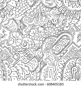 Tracery seamless pattern. Mehndi design. Ethnic monochrome binary doodle texture. Curved doodling black and white background. Vector