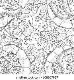 Tracery seamless pattern. Mehndi design. Ethnic monochrome binary doodle texture. Curved doodling black and white background. Vector
