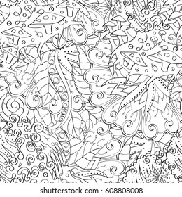 Tracery seamless pattern. Mehndi design. Ethnic monochrome binary doodle texture. Curved doodling black and white background. Vector