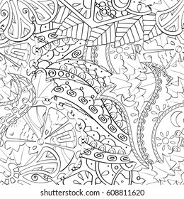 Tracery seamless pattern. Mehndi design. Ethnic monochrome binary doodle texture. Curved doodling black and white background. Vector