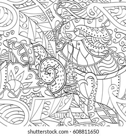 Tracery seamless pattern. Mehndi design. Ethnic monochrome binary doodle texture. Curved doodling black and white background. Vector