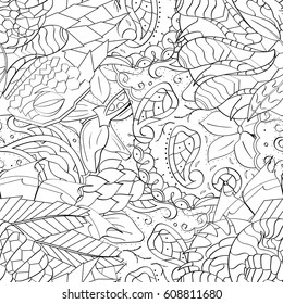 Tracery seamless pattern. Mehndi design. Ethnic monochrome binary doodle texture. Curved doodling black and white background. Vector