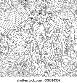 Tracery seamless pattern. Mehndi design. Ethnic monochrome binary doodle texture. Curved doodling black and white background. Vector