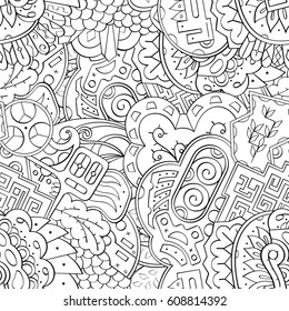 Tracery seamless pattern. Mehndi design. Ethnic monochrome binary doodle texture. Curved doodling black and white background. Vector