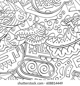 Tracery seamless pattern. Mehndi design. Ethnic monochrome binary doodle texture. Curved doodling black and white background. Vector