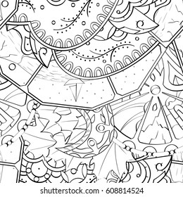 Tracery seamless pattern. Mehndi design. Ethnic monochrome binary doodle texture. Curved doodling black and white background. Vector