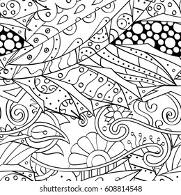 Tracery seamless pattern. Mehndi design. Ethnic monochrome binary doodle texture. Curved doodling black and white background. Vector