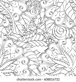 Tracery seamless pattern. Mehndi design. Ethnic monochrome binary doodle texture. Curved doodling black and white background. Vector