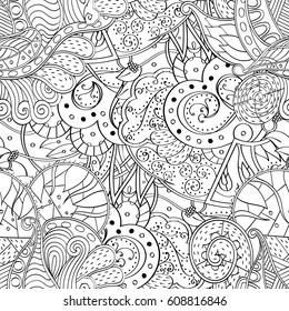Tracery seamless pattern. Mehndi design. Ethnic monochrome binary doodle texture. Curved doodling black and white background. Vector