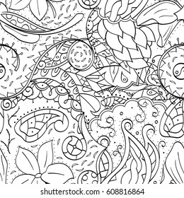 Tracery seamless pattern. Mehndi design. Ethnic monochrome binary doodle texture. Curved doodling black and white background. Vector