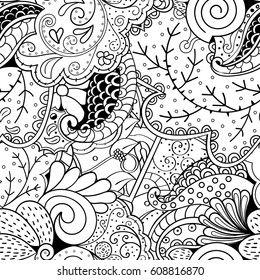Tracery seamless pattern. Mehndi design. Ethnic monochrome binary doodle texture. Curved doodling black and white background. Vector