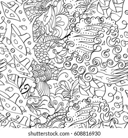 Tracery seamless pattern. Mehndi design. Ethnic monochrome binary doodle texture. Curved doodling black and white background. Vector