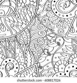 Tracery seamless pattern. Mehndi design. Ethnic monochrome binary doodle texture. Curved doodling black and white background. Vector