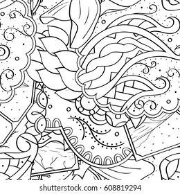 Tracery seamless pattern. Mehndi design. Ethnic monochrome binary doodle texture. Curved doodling black and white background. Vector