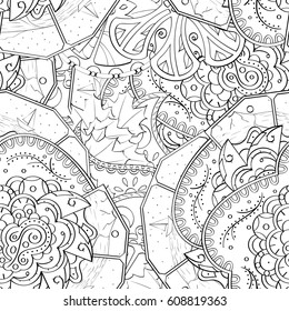 Tracery seamless pattern. Mehndi design. Ethnic monochrome binary doodle texture. Curved doodling black and white background. Vector