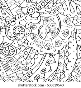 Tracery seamless pattern. Mehndi design. Ethnic monochrome binary doodle texture. Curved doodling black and white background. Vector
