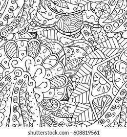 Tracery seamless pattern. Mehndi design. Ethnic monochrome binary doodle texture. Curved doodling black and white background. Vector