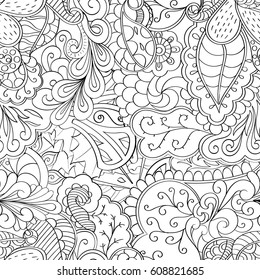 Tracery seamless pattern. Mehndi design. Ethnic monochrome binary doodle texture. Curved doodling black and white background. Vector