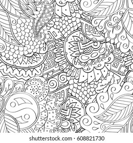 Tracery seamless pattern. Mehndi design. Ethnic monochrome binary doodle texture. Curved doodling black and white background. Vector