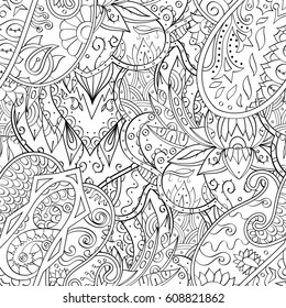 Tracery seamless pattern. Mehndi design. Ethnic monochrome binary doodle texture. Curved doodling black and white background. Vector