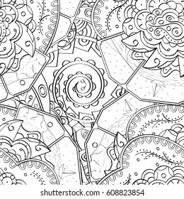 Tracery seamless pattern. Mehndi design. Ethnic monochrome binary doodle texture. Curved doodling black and white background. Vector