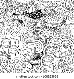 Tracery seamless pattern. Mehndi design. Ethnic monochrome binary doodle texture. Curved doodling black and white background. Vector