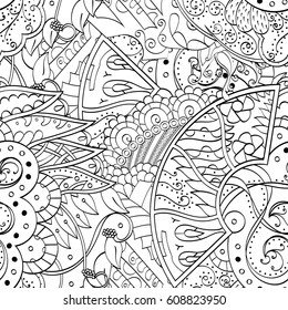 Tracery seamless pattern. Mehndi design. Ethnic monochrome binary doodle texture. Curved doodling black and white background. Vector
