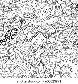 Tracery seamless pattern. Mehndi design. Ethnic monochrome binary doodle texture. Curved doodling black and white background. Vector