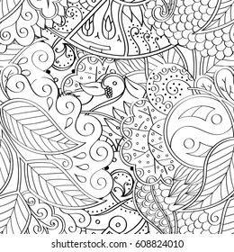 Tracery seamless pattern. Mehndi design. Ethnic monochrome binary doodle texture. Curved doodling black and white background. Vector