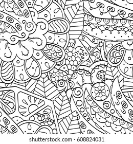 Tracery seamless pattern. Mehndi design. Ethnic monochrome binary doodle texture. Curved doodling black and white background. Vector