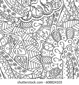 Tracery seamless pattern. Mehndi design. Ethnic monochrome binary doodle texture. Curved doodling black and white background. Vector