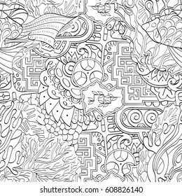 Tracery seamless pattern. Mehndi design. Ethnic monochrome binary doodle texture. Curved doodling black and white background. Vector