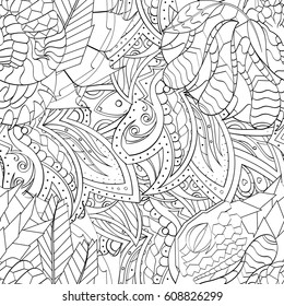 Tracery seamless pattern. Mehndi design. Ethnic monochrome binary doodle texture. Curved doodling black and white background. Vector