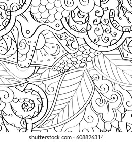 Tracery seamless pattern. Mehndi design. Ethnic monochrome binary doodle texture. Curved doodling black and white background. Vector