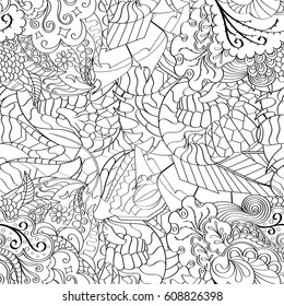 Tracery seamless pattern. Mehndi design. Ethnic monochrome binary doodle texture. Curved doodling black and white background. Vector