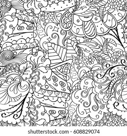 Tracery seamless pattern. Mehndi design. Ethnic monochrome binary doodle texture. Curved doodling black and white background. Vector