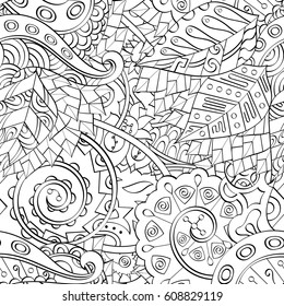 Tracery seamless pattern. Mehndi design. Ethnic monochrome binary doodle texture. Curved doodling black and white background. Vector