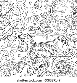 Tracery seamless pattern. Mehndi design. Ethnic monochrome binary doodle texture. Curved doodling black and white background. Vector