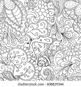 Tracery seamless pattern. Mehndi design. Ethnic monochrome binary doodle texture. Curved doodling black and white background. Vector