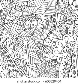 Tracery seamless pattern. Mehndi design. Ethnic monochrome binary doodle texture. Curved doodling black and white background. Vector